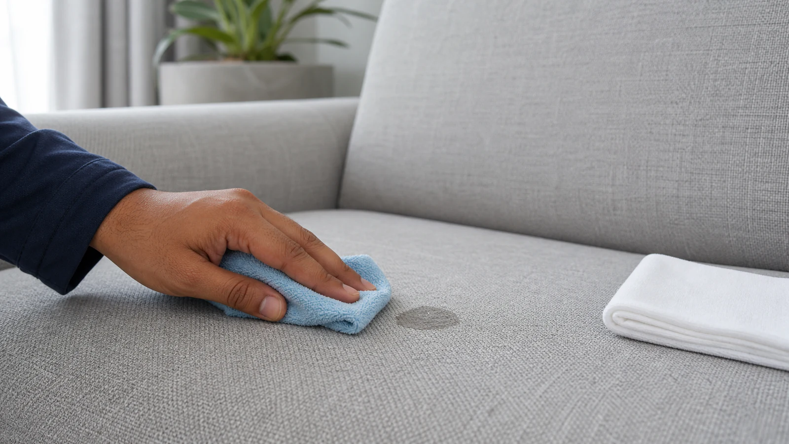 A white cloth applying one maker-approved spot treatment after a hidden test.