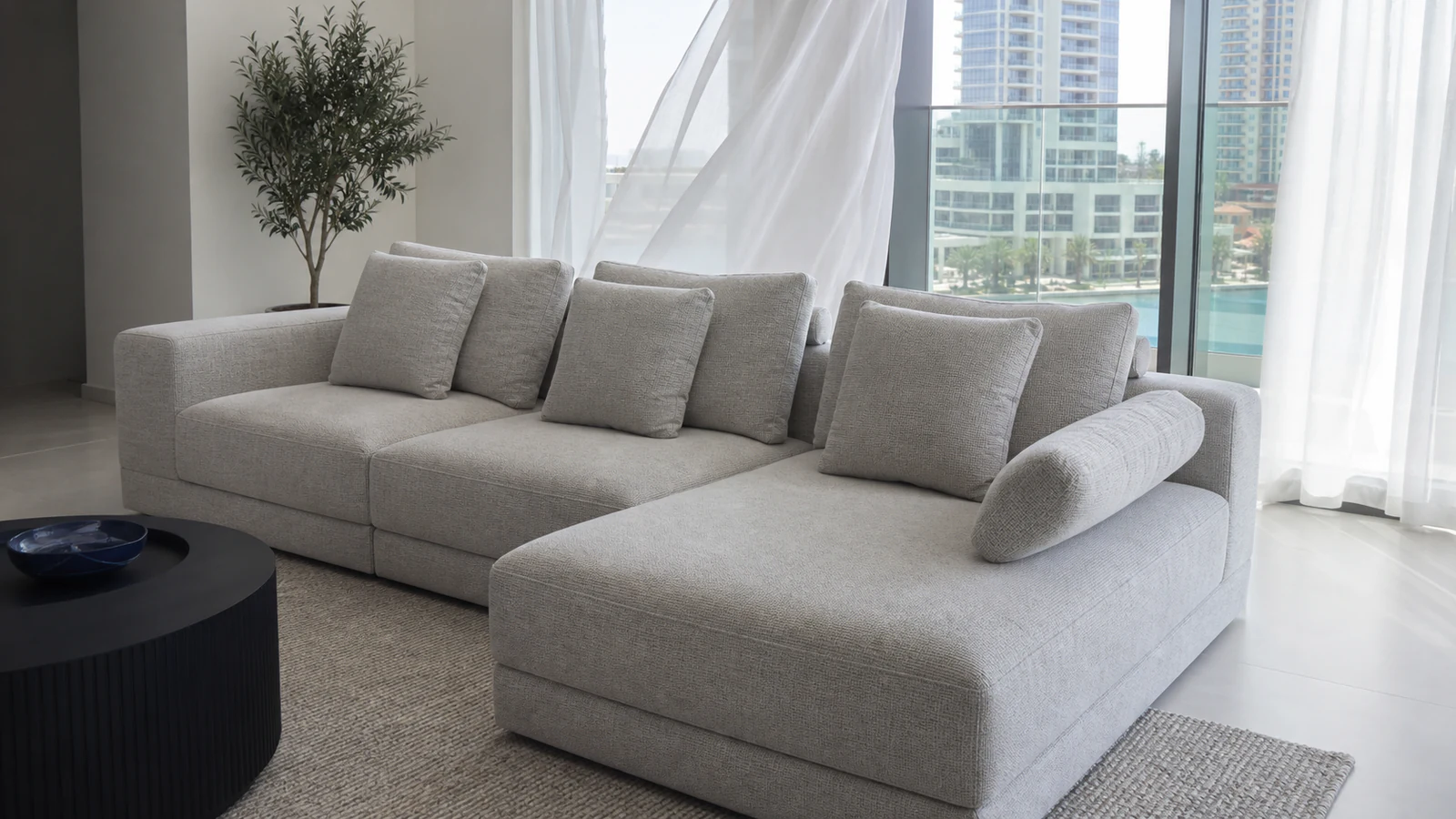 Maker-removable sofa cushions separated for complete drying in normal room ventilation.