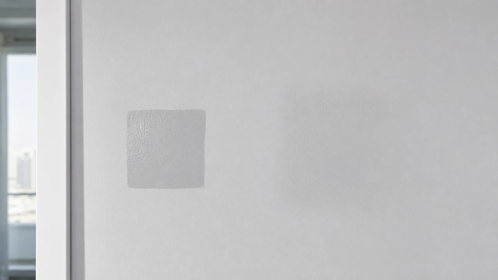 Two adjacent wall patches side by side: left patch shows a visible harsh edge with different sheen, right patch shows a seamlessly blended repair where the colour and texture merge naturally into the surrounding wall.