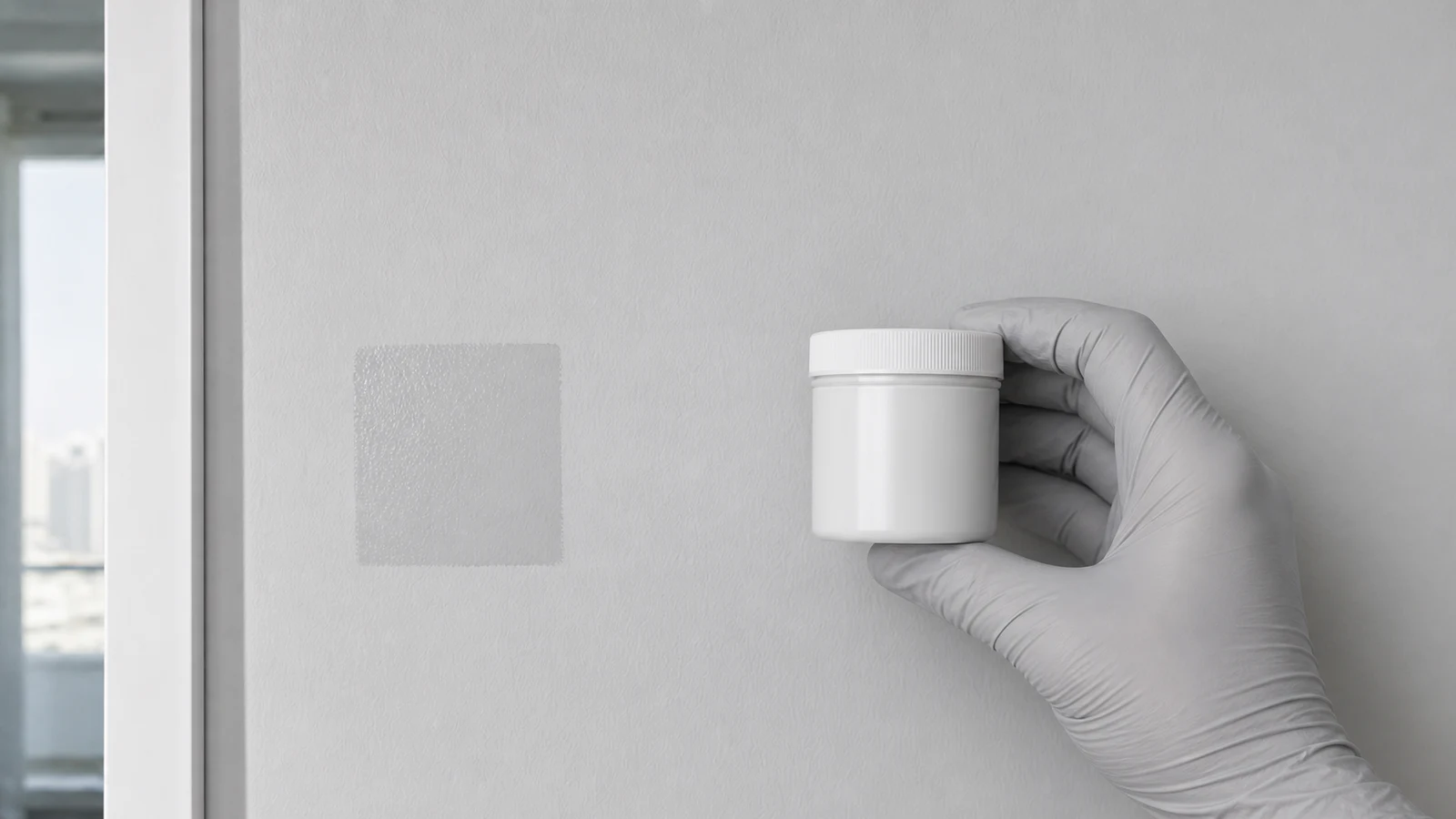 Gloved hand holding a closed paint can beside a wall while checking a small hidden test patch near a door frame.