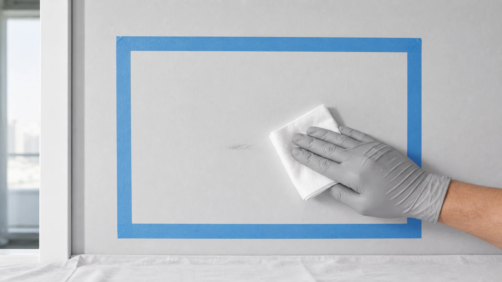 Gloved hand wiping a small scuffed wall spot with a clean cloth, with painter's tape applied around the edges forming a rectangular work zone.