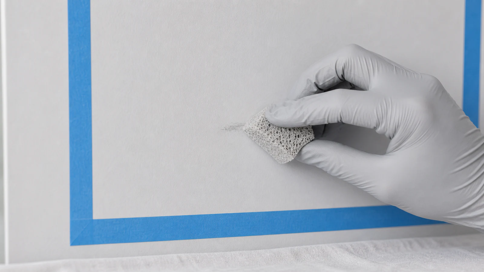 Gloved hand holding a natural sponge against a wall patch with gentle dabbing pressure, paint applicator showing soft stippled contact with the wall surface.
