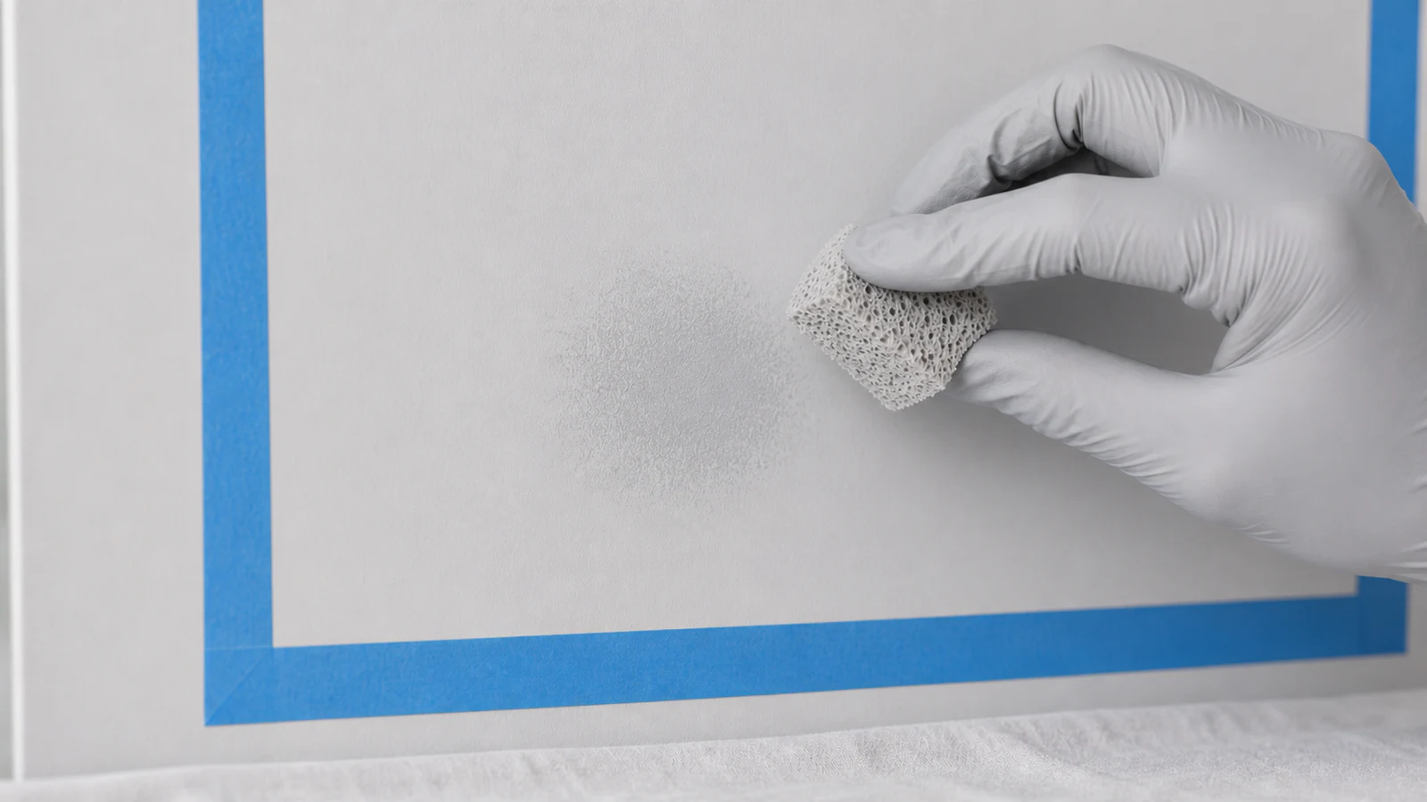Gloved hand with natural sponge mid-dab on a wall patch, concentric circles of increasingly lighter paint coverage visible outward from the damage centre, soft feathering visible at the edges.