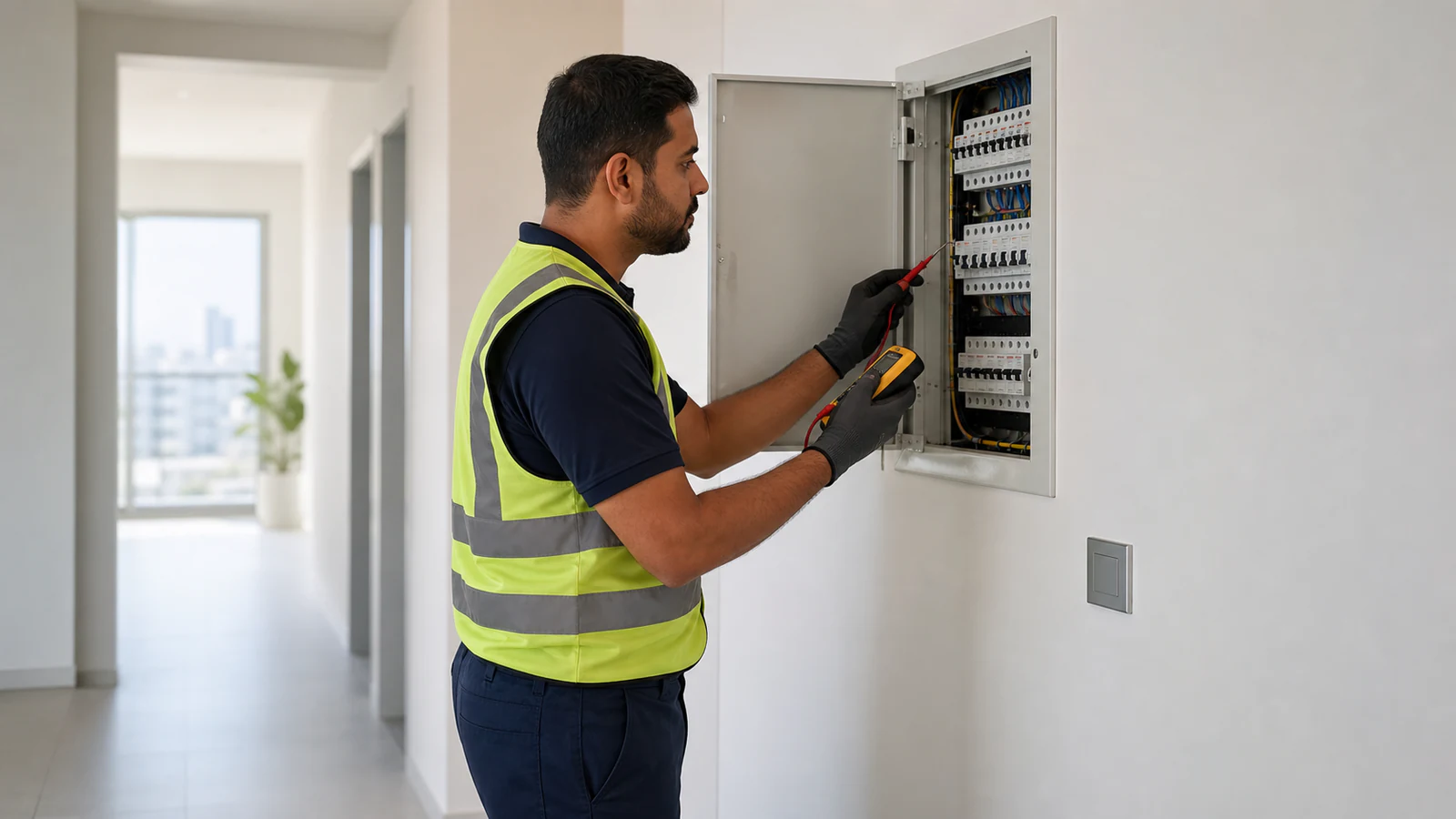 Professional electrician in safety vest inspecting a wall-mounted electrical panel inside a modern apartment.