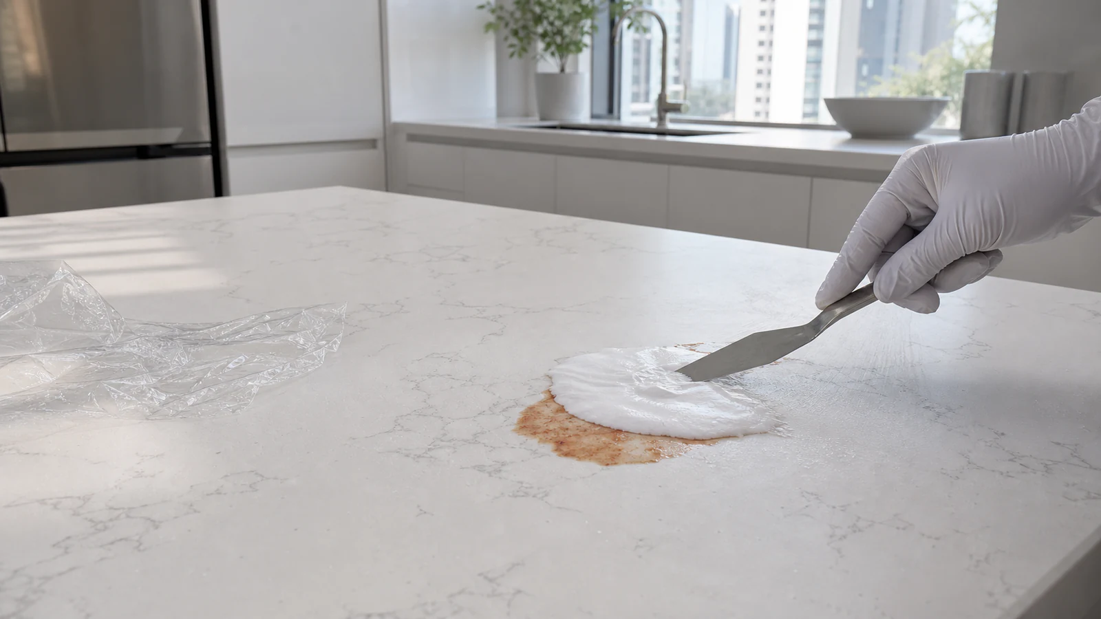 A gloved person compares a documented countertop stain with the surface maker's approved poultice supplies before treatment.