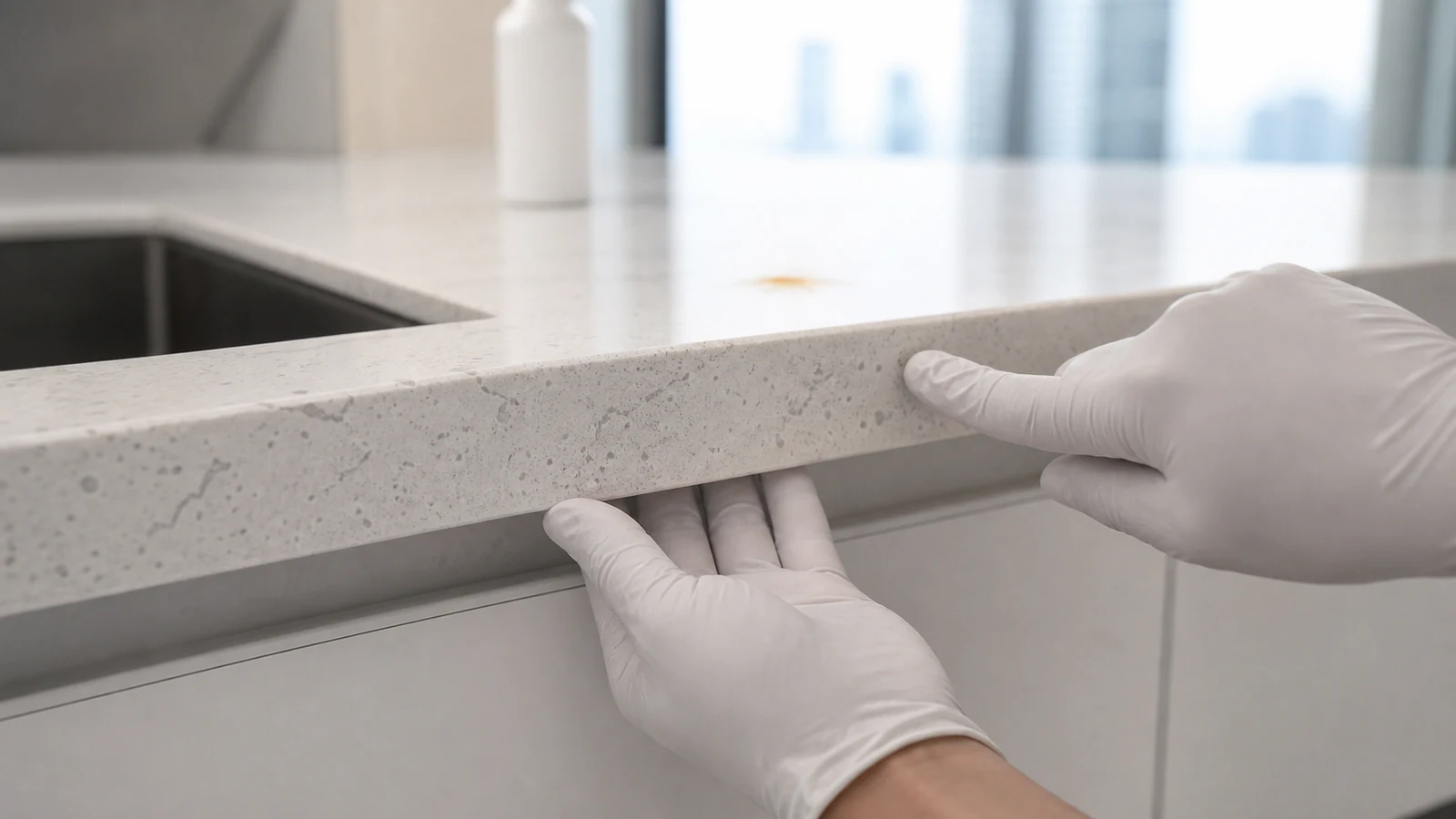 Gloved hand inspecting the countertop edge and stone pattern before choosing a poultice.