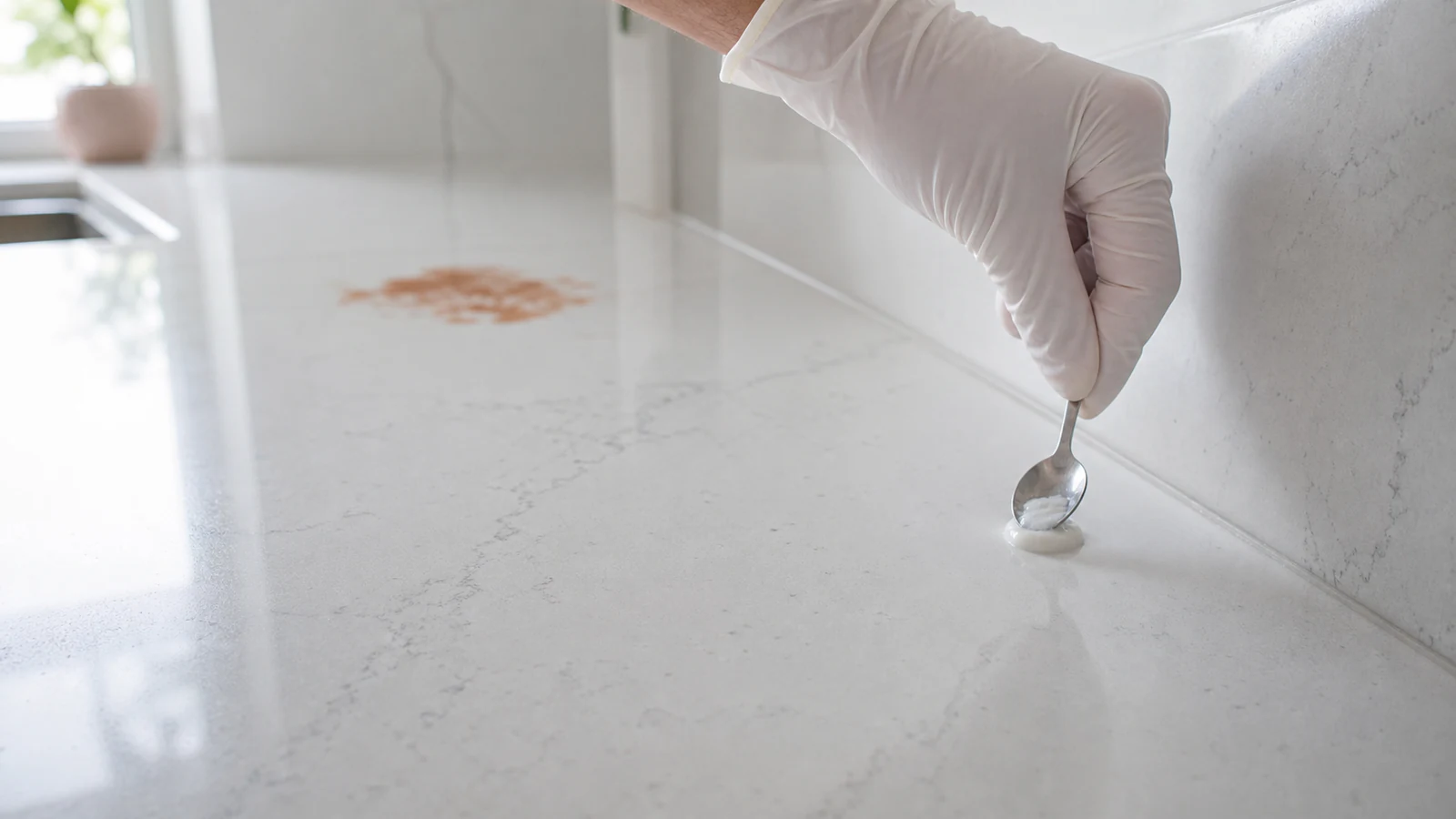 A tiny supplier-approved poultice patch is tested on a hidden countertop edge.