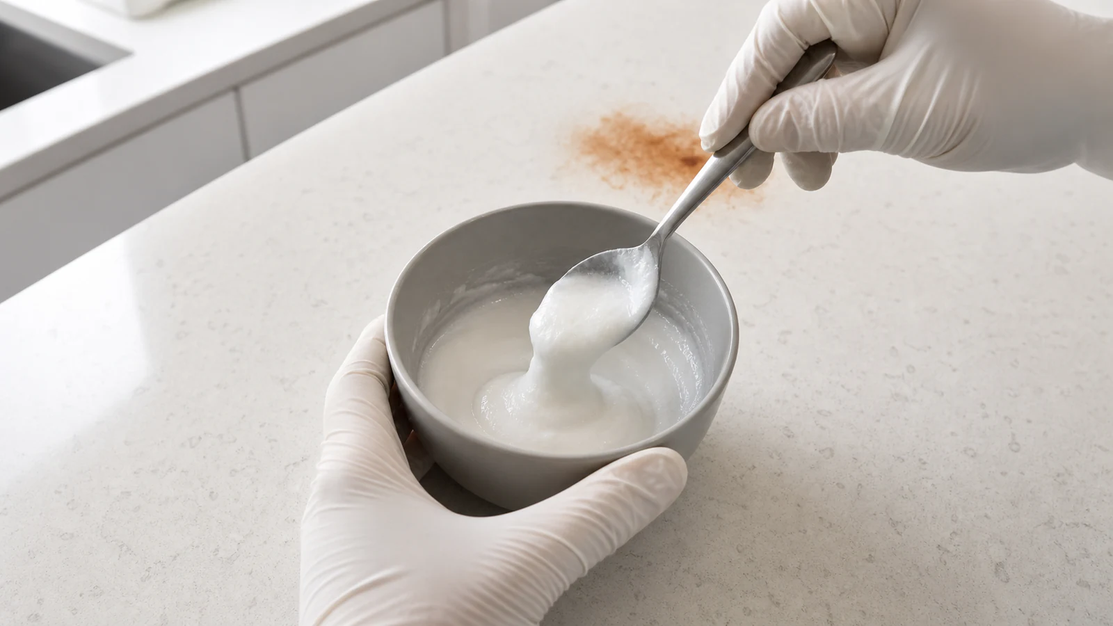 Gloved hands prepare a documented countertop poultice with measured, approved components.
