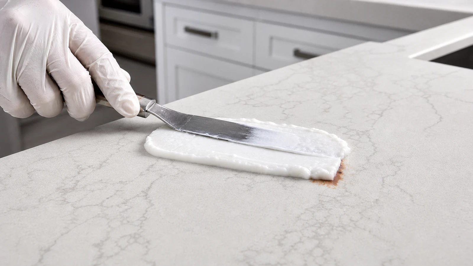 Hand using a palette knife to spread thick pale poultice paste over a visible stain on countertop