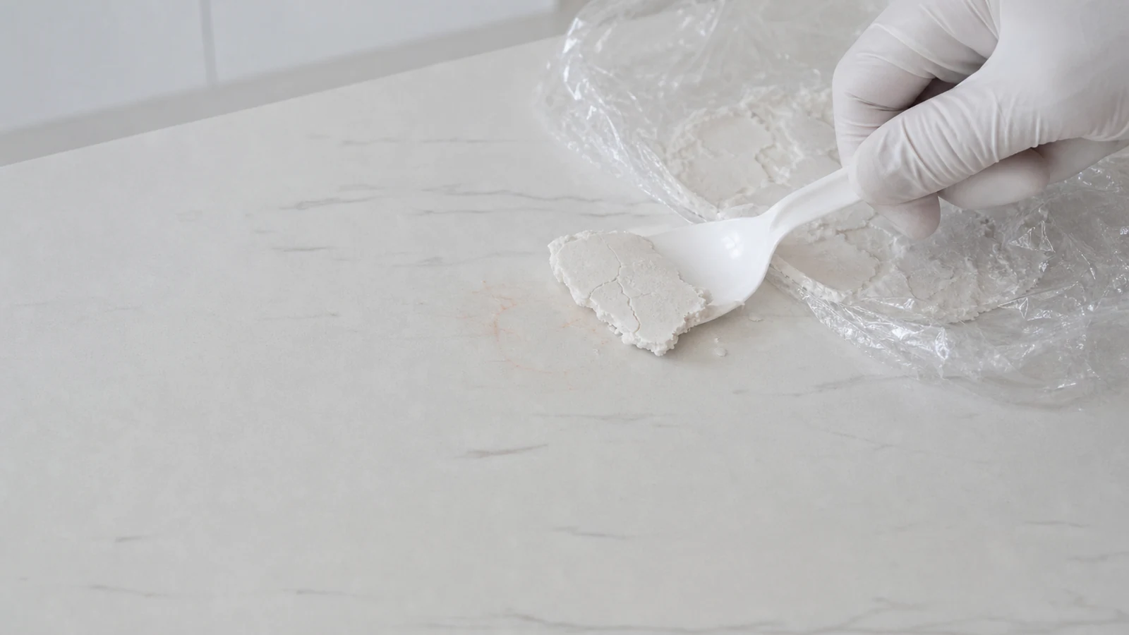 Hand using soft spoon to gently lift dried poultice paste from countertop after drying period