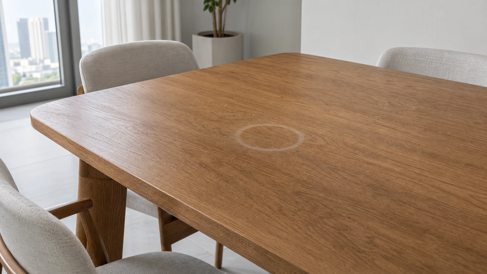 White hazy ring on polished wood table surface catching indirect light.