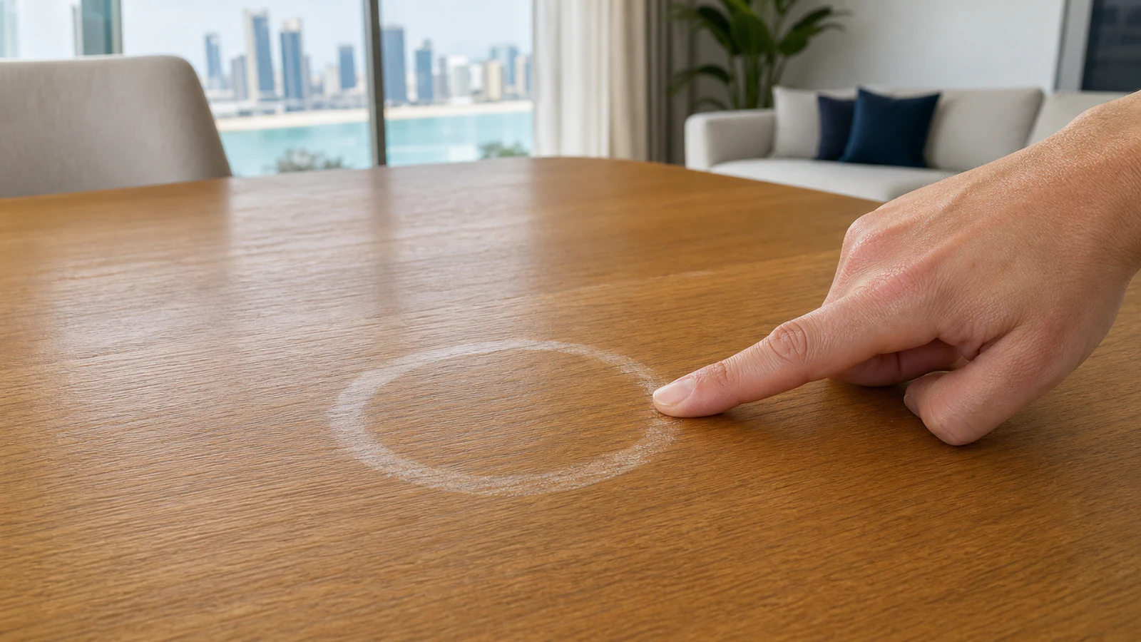 A white table ring inspected in side light without touching or scraping the finish.