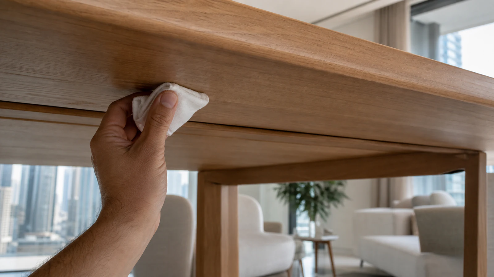 A soft cloth hidden-testing a maker-approved product on matching finished wood.