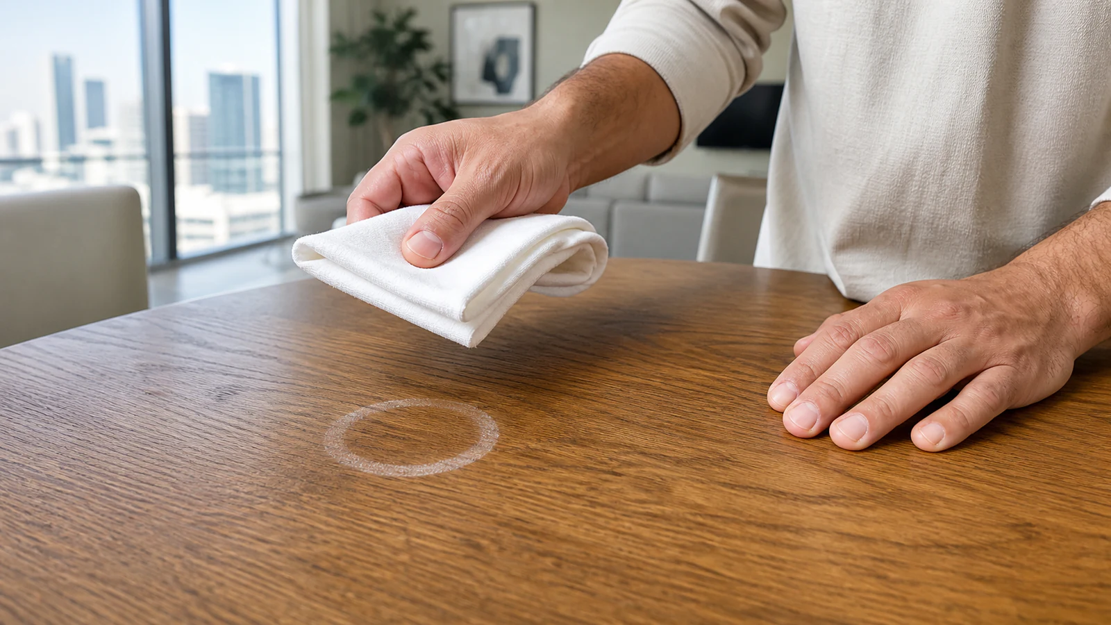 A soft cloth applying only maker-approved finish care to a white ring.