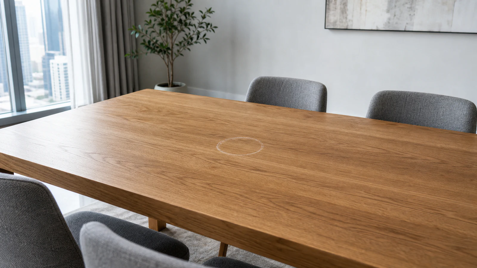 Empty wood table surface in natural light with white ring visible.