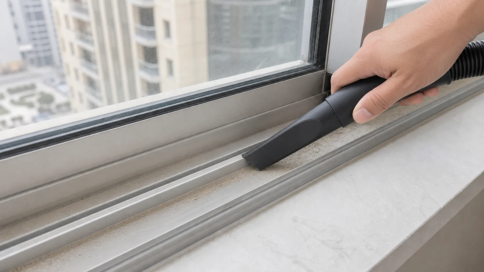Vacuum crevice nozzle inserted into a sand-filled window track, being drawn along the groove from left to right