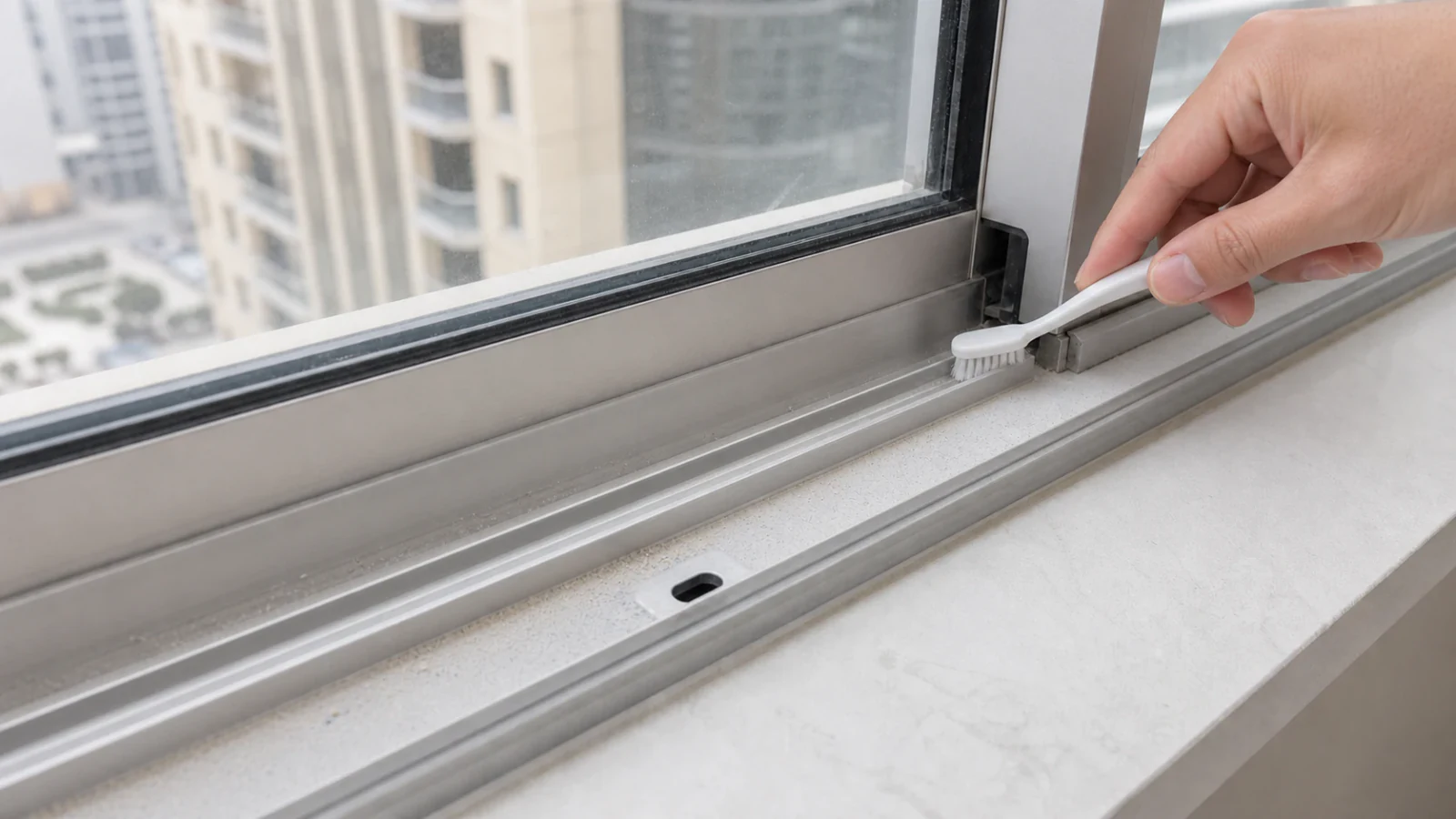 Soft-bristled toothbrush held at a 45-degree angle in the corner of a window track, bristles scrubbing along the seam between the vertical wall and horizontal groove