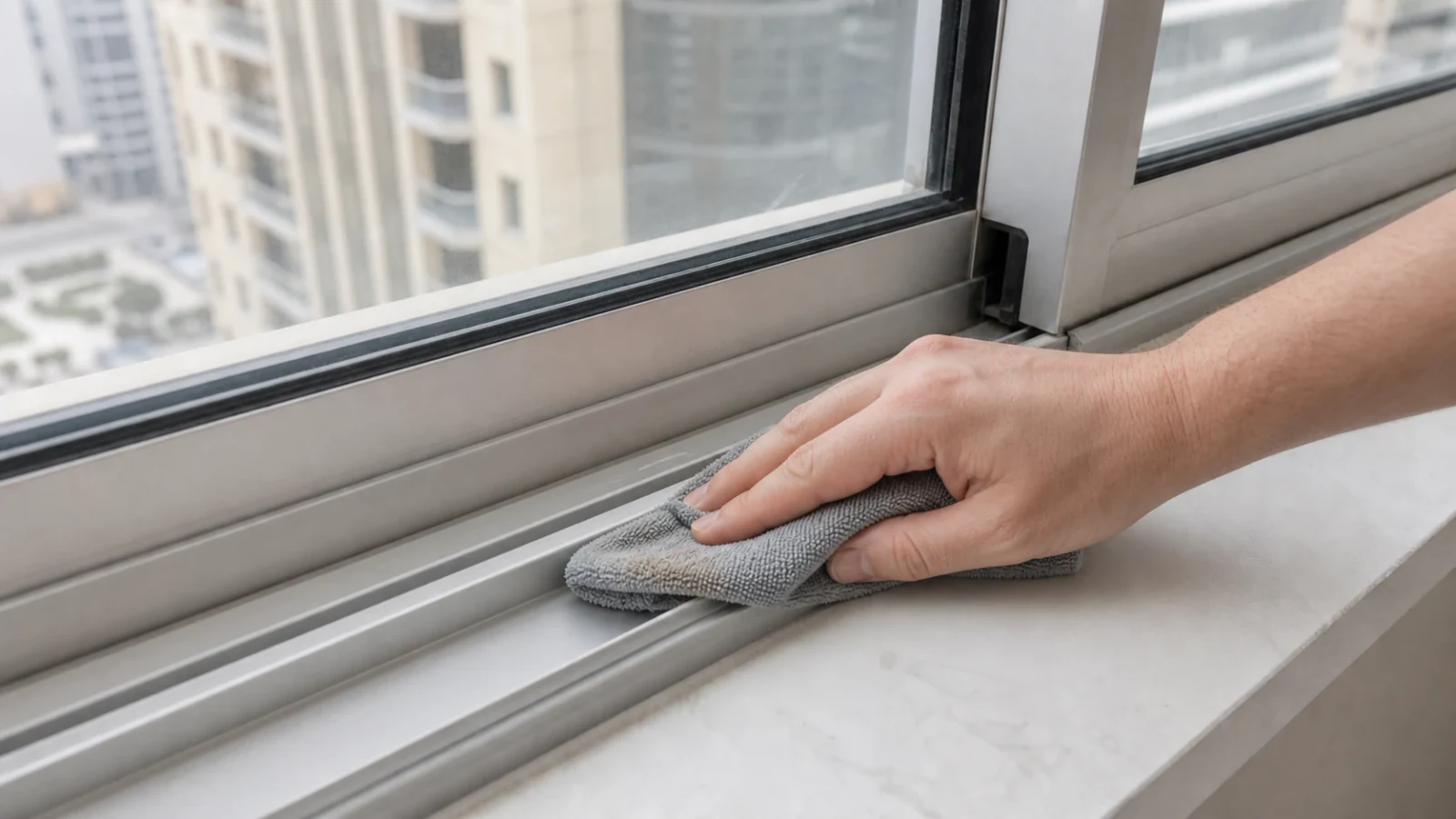 Grey microfibre cloth being drawn along the length of a window track from left to right, cloth showing a faint tan dust mark from the wipe