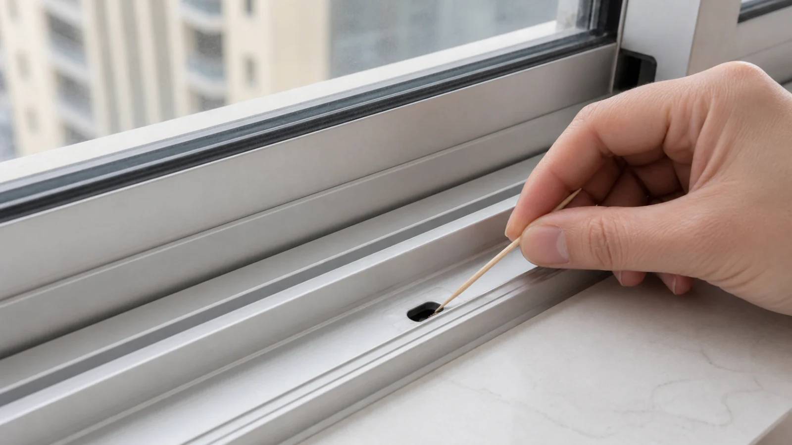 Wooden toothpick inserted into a small visible weep hole at the base of a window track, held at a shallow angle, morning light from the side revealing the tiny opening