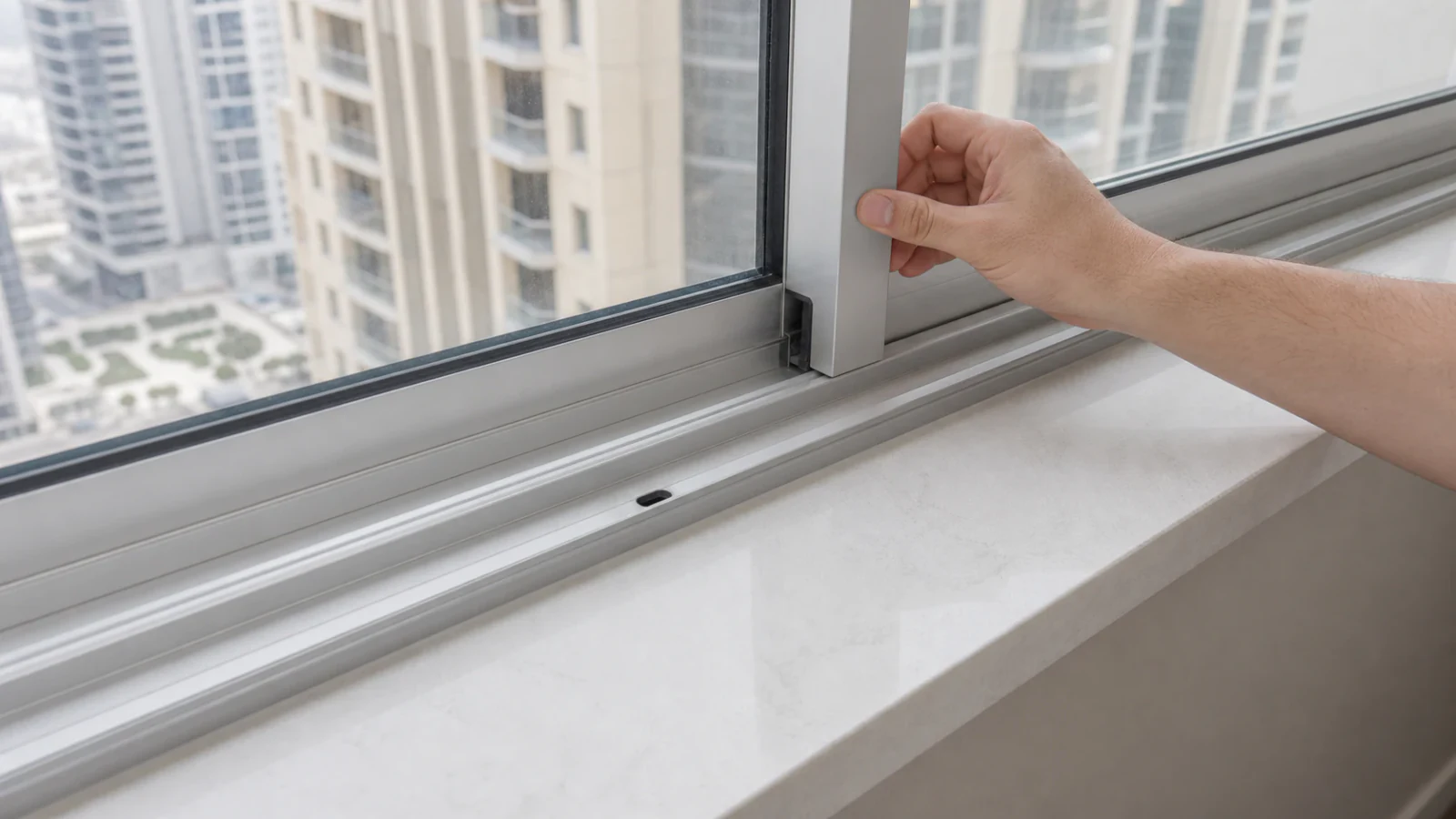 Hands on either side of a window sash pulling it open about halfway, the track below clear and clean, daylight visible through the partially opened window