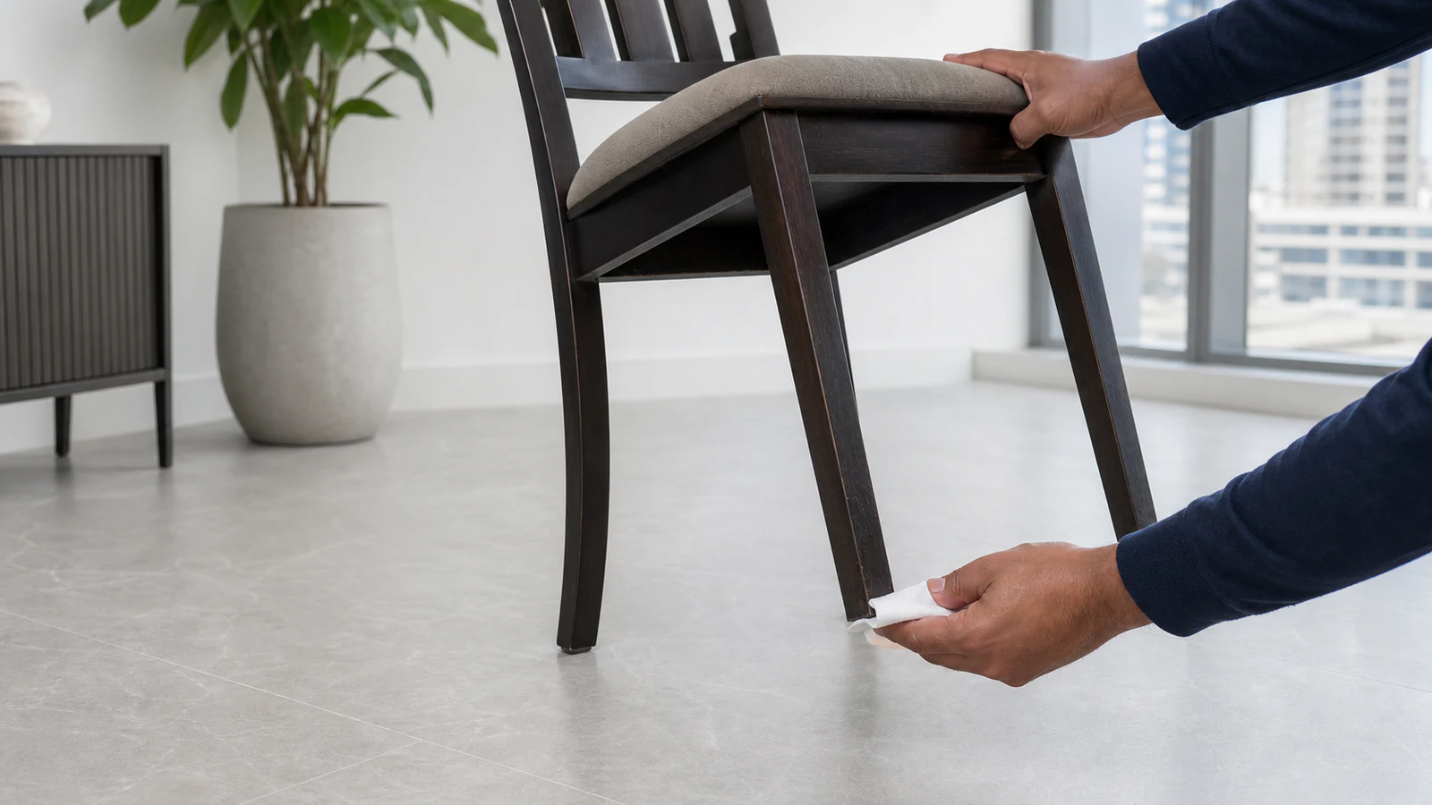 Hand wiping the underside of a wooden chair leg with a dry cloth against a light floor.