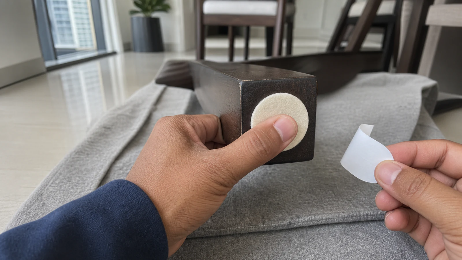Hand pressing a cream-coloured felt pad onto the underside of a wooden chair leg, release paper still partially visible.