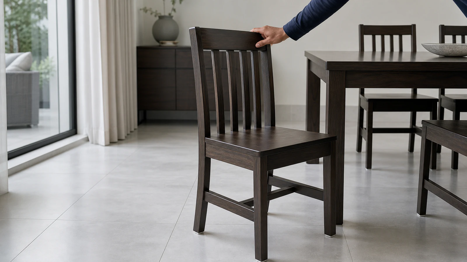 Upright wooden chair with felt pads visible on all four legs, resting on a light floor.