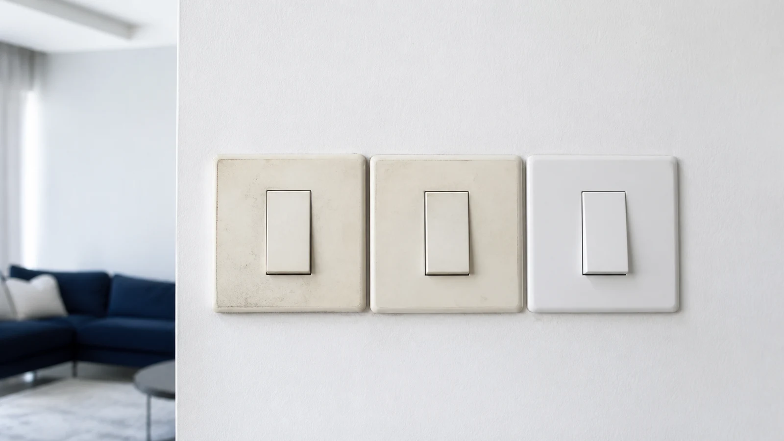 A row of light switches on a white wall, several with yellowed or discoloured switch plates beside clean ones