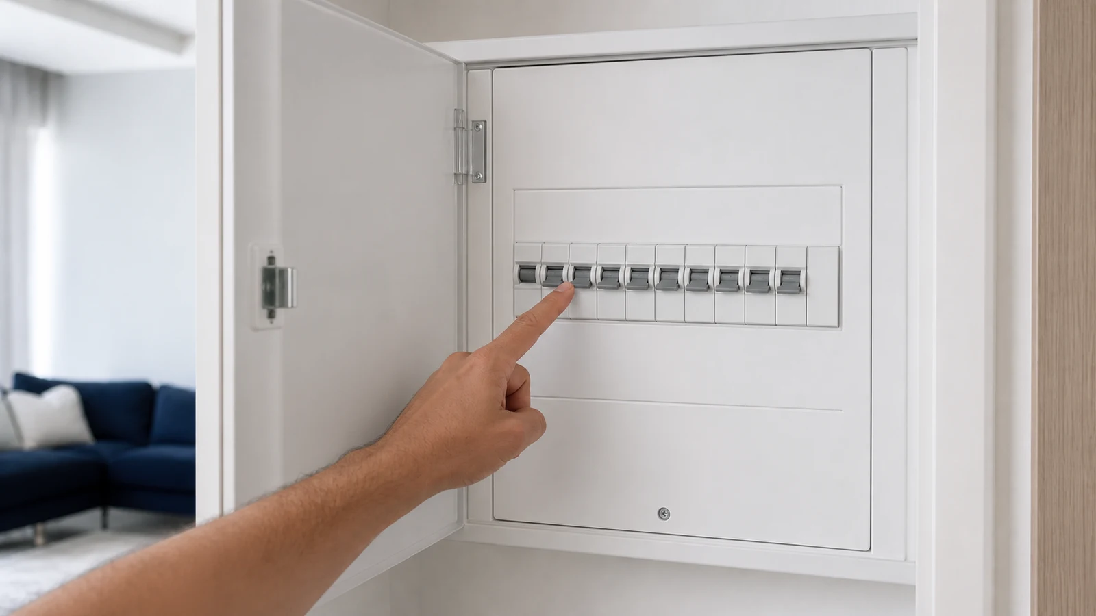 A person visually inspecting an intact wall switch without removing or touching its cover.