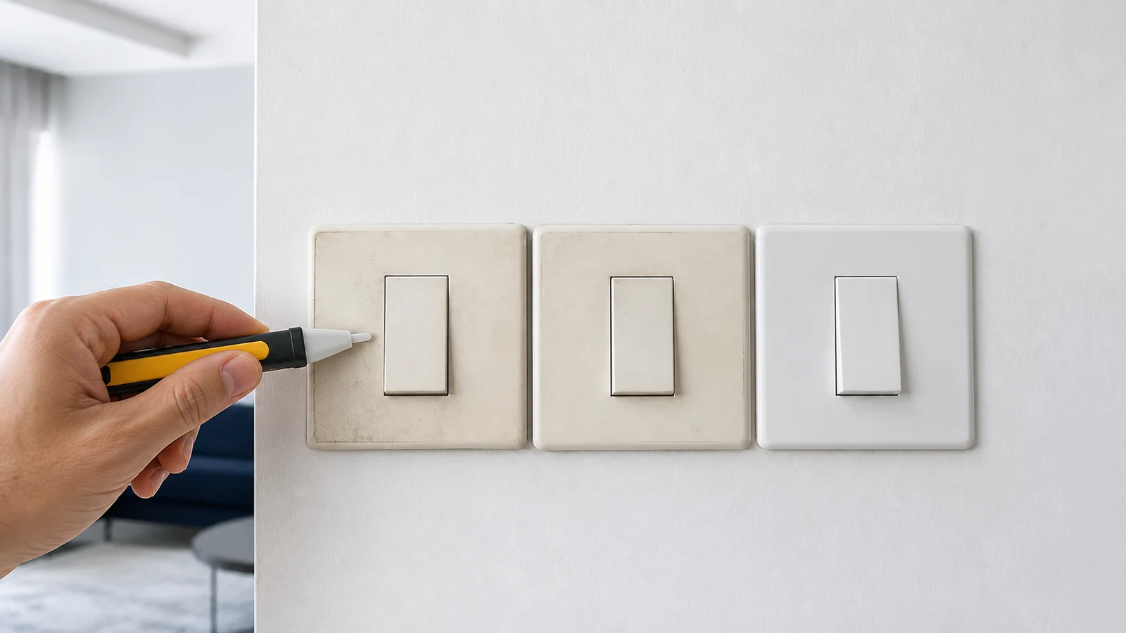 An intact switch next to its maker care leaflet, with no electrical tools or exposed parts.