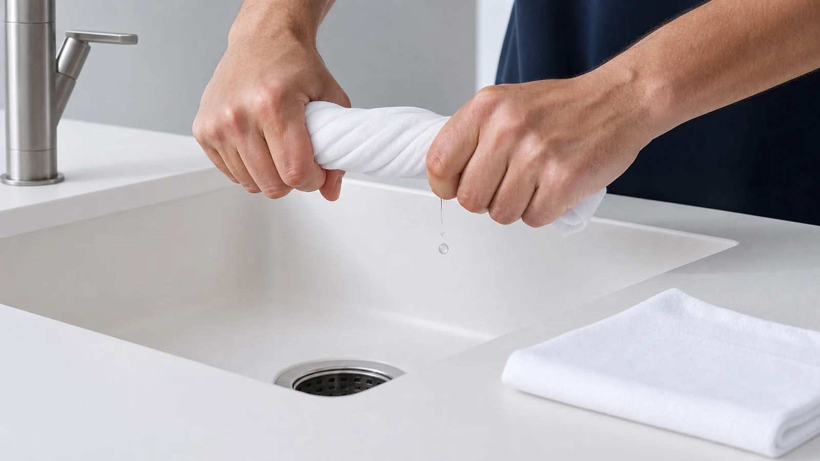 Hands wringing out a damp cloth over a sink, water dripping visibly, showing the correct dampness level