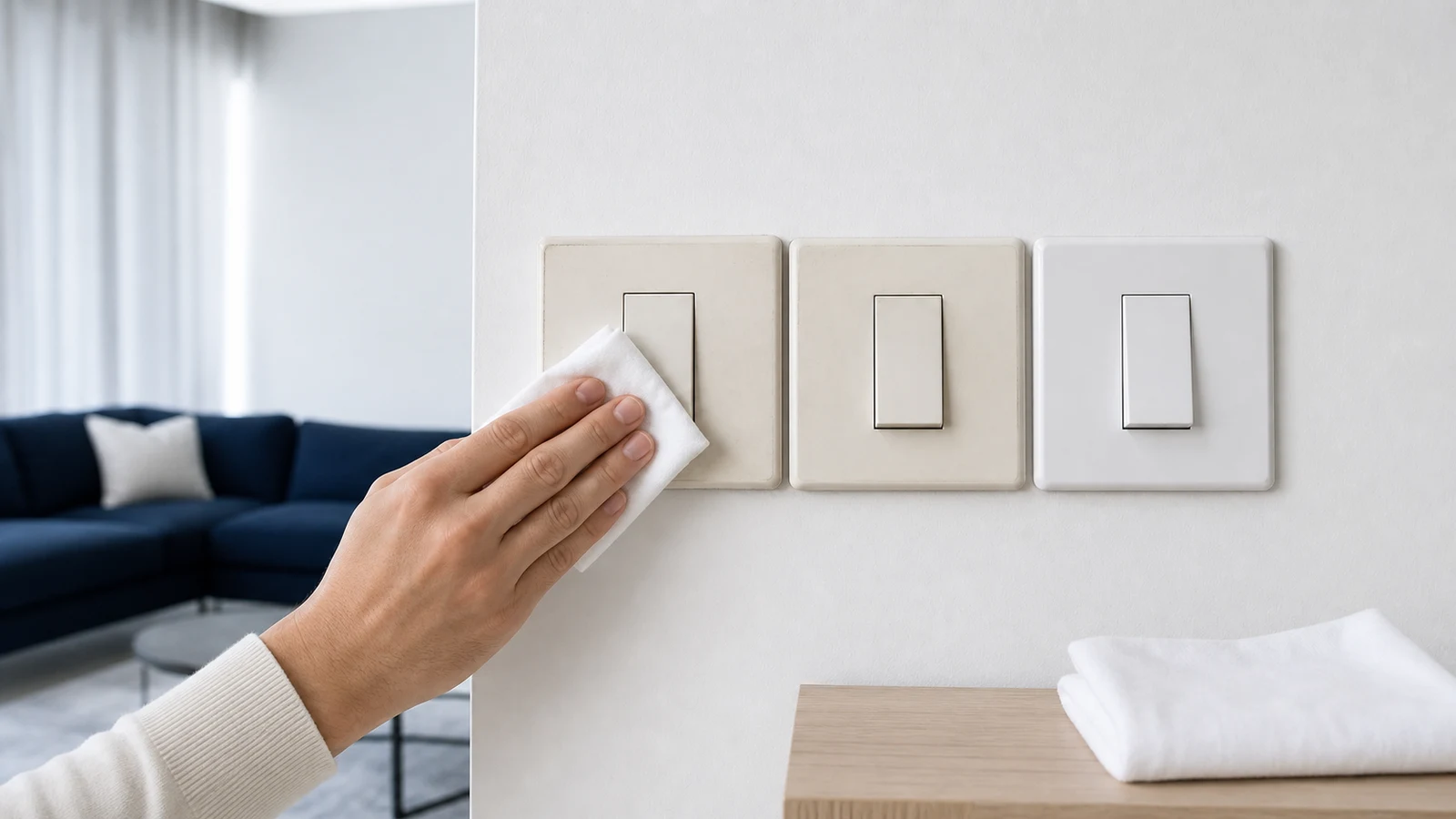 A hand wiping a light switch faceplate with a damp cloth using gentle circular motions, the cloth in full contact with the plate