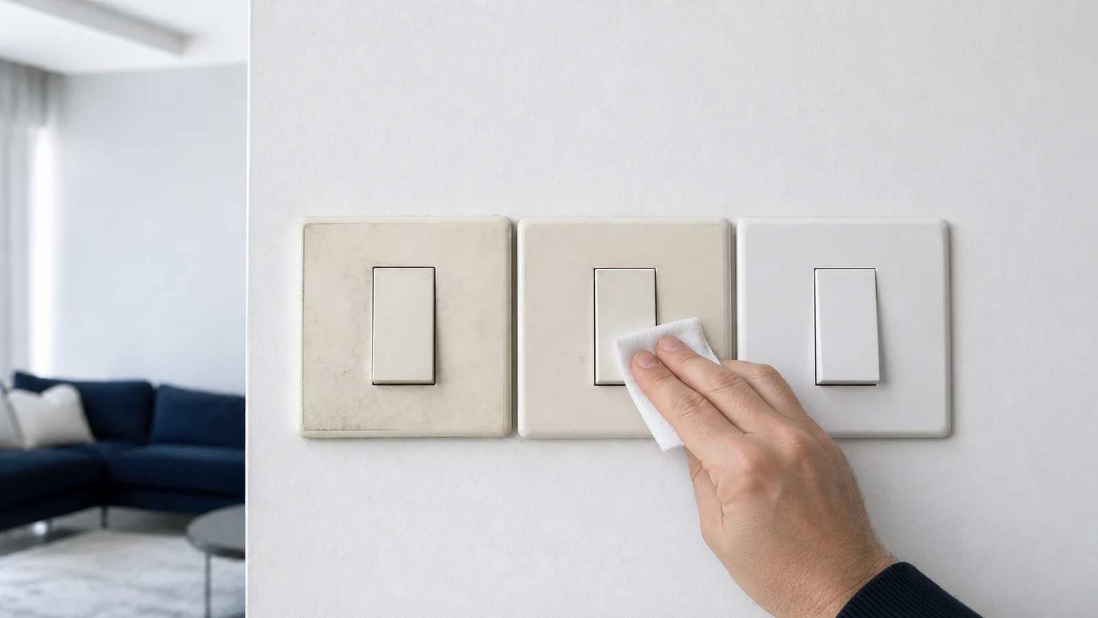 A soft dry cloth making one light pass over the closed external face of a wall switch.